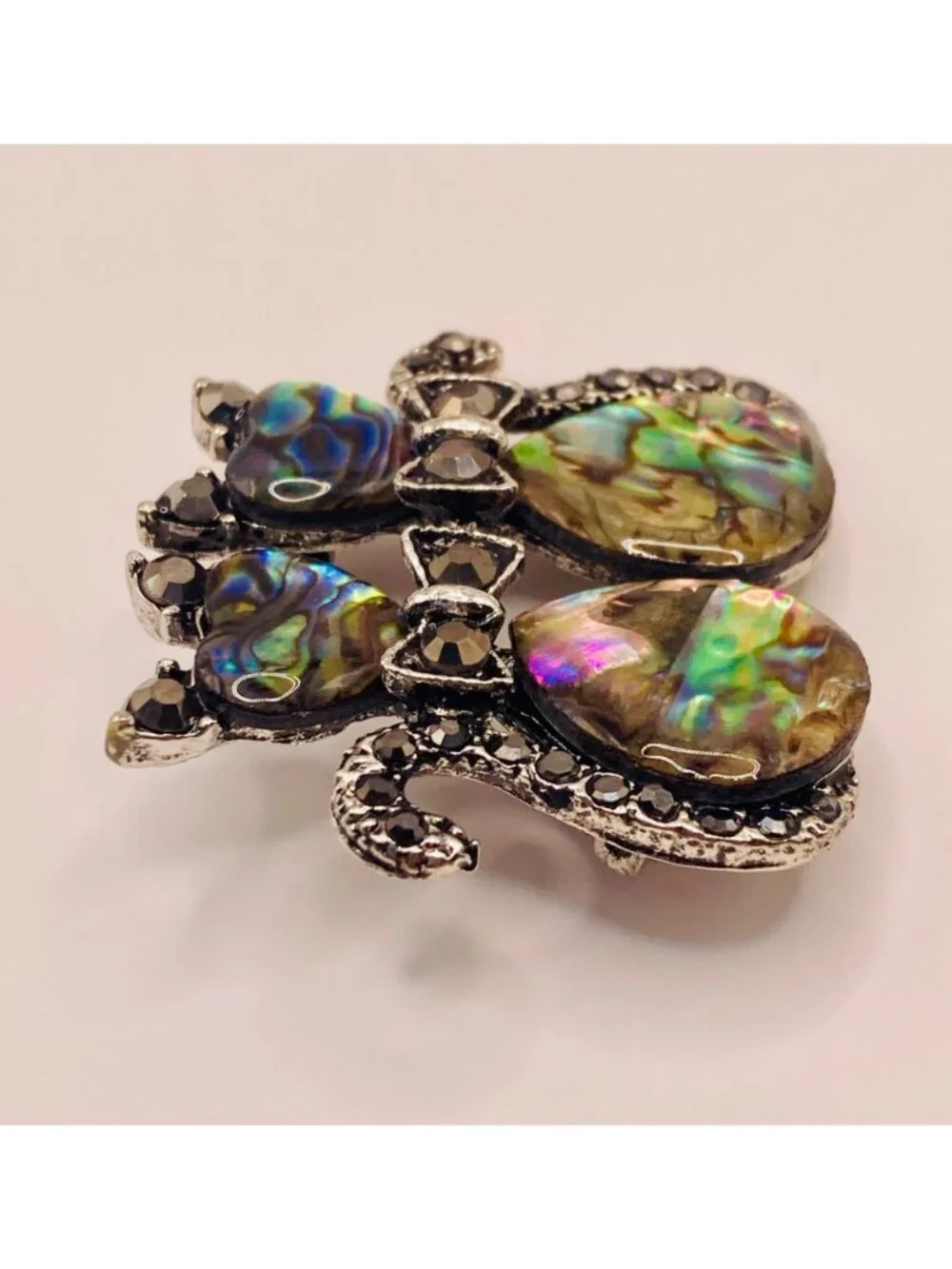 Abalone Shell Twin Cats Brooch Pin Black Rhinestones -24B